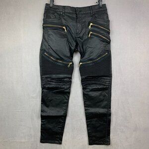 Robins Jean Mens Pants 33x30 Black Zippers Moto Slim Faux Leather L-Flap Biker